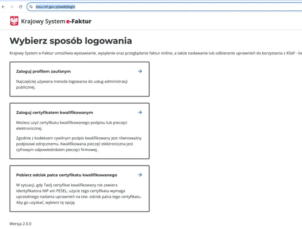 KSeF login page with Trusted Profile button