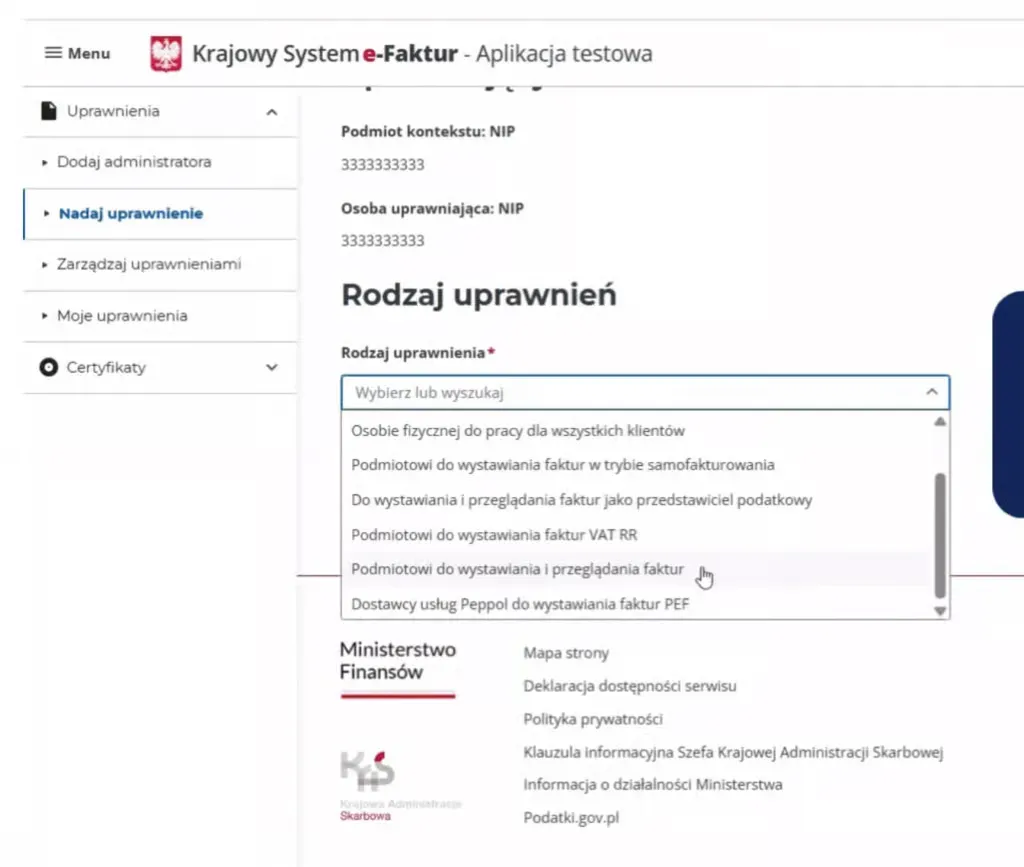 List of permission types with invoice issuing and viewing option